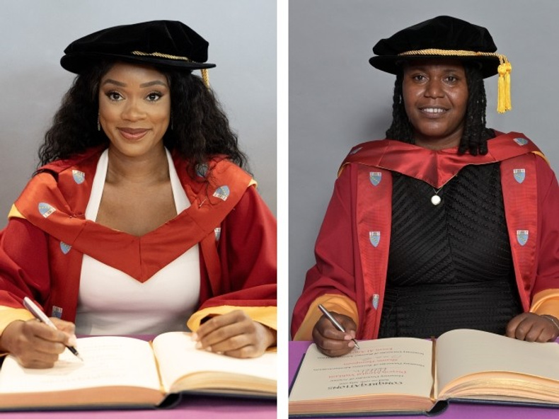 Aston uni doctorates, Lmyah and Sharon Thomson.jpg