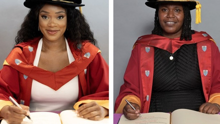 Aston uni doctorates, Lmyah and Sharon Thomson.jpg