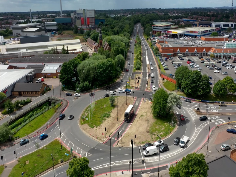 Drone shot of bus route improvements at Heybarnes Circus island, in Small Heath..png