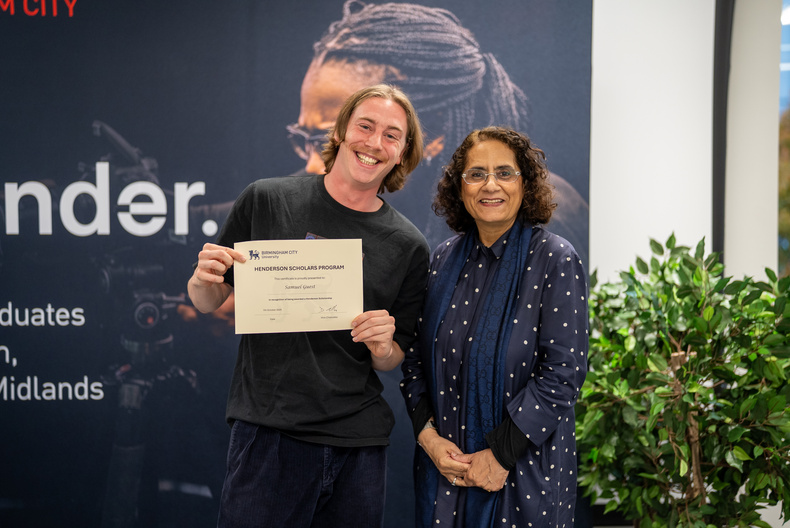 BCU Scholarship winner Sam Guest with Professor Hanifa Shah.jpg